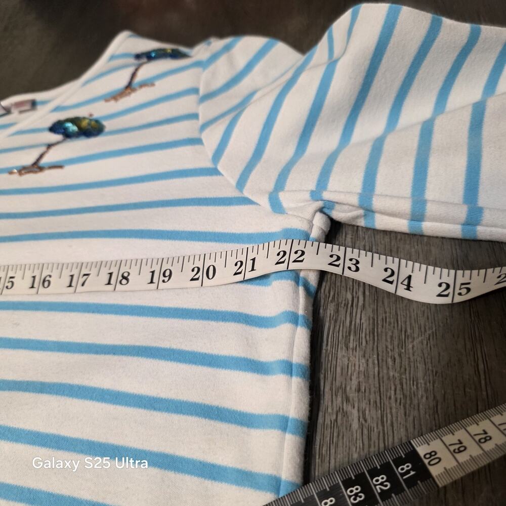 Quacker Factory Blue Striped Shirt Palm Tree sequin beaded Beachy Coastal L - Picture 3 of 11